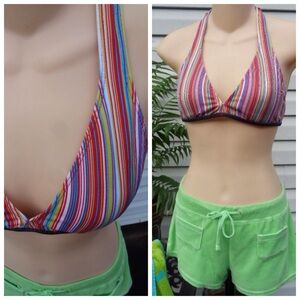 Red and Pink Triangle Bikini Top with Stripes